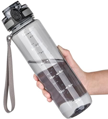 OLDLEY 1L/32oz Sports Water Bottle, 1000ml Motivational Water Bottles with Time Markings Drinks Bottle Leak Proof & Lock Cover & No Straw, Tritan BPA Free for Women Men Gym School Cycling Hiking