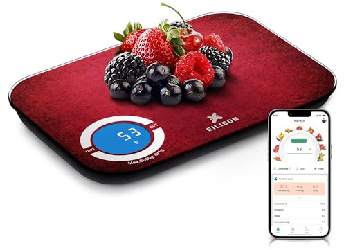 EILISON Smart Kitchen Scale with Bluetooth App, High-Precision Digital Food Scale for Baking, Cooking & Diet, 8000 Food Database, 24 Nutrients, Touchscreen, Tare Function, 5g-8000g Capacity (Red)