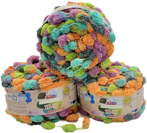 3 x 200g Ilkadim Export Pompon Garn Yo-Yo mehrfarbig, 600 Gramm Pompom – Wolle (türkis flieder orange grün ua 82004)