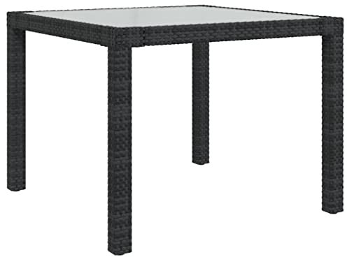 Homvdxl Gartentisch, wetterfester Tisch für den Außenbereich, Garten, Terrasse, Esszimmermöbel mit Glasplatte, Rattan & Metallgestell, 90 x 90 x 75 cm, Schwarz-Holz