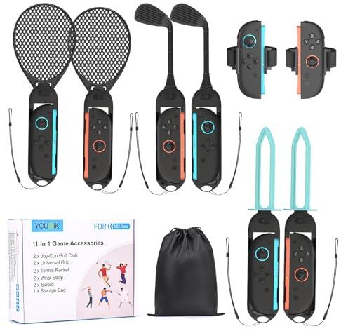 Younik Switch 2 Sports Accessoires, Ensemble 11 en 1 Switch 2 Sports avec Clubs de Golf, Raquettes de Tennis, Epées, Poignées J-Con et Dragonnes, Kit d'accessoires compatible avec NS Switch 2 (2025)