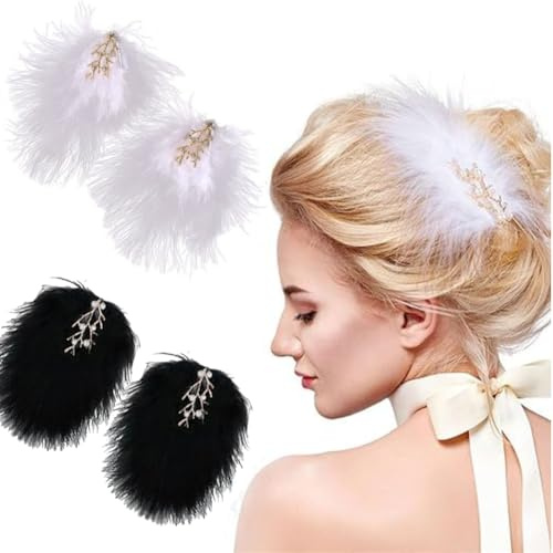 Lot de 4 pinces à cheveux en plumes pour femmes et filles des années 1920 – Accessoire de cheveux vintage avec perles et plumes pour ballet, danse, thé, cosplay, costume (noir + blanc)