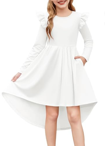 Arshiner Robe Blanche à Manches Longues pour Fille Col Rond d'automne d'hiver Robe de Communion Mariage Fête d'halloween 150/11-12 Ans