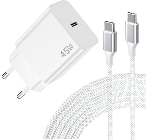 Cargador USB C de 45W para Samsung, Cargador USB C Super Rápido Compatible para Galaxy S25/S24/S23/S22/A54/A34/A53, para iPhone 17/16/15, con 2M 100W Cable Trenzado (Blanco)