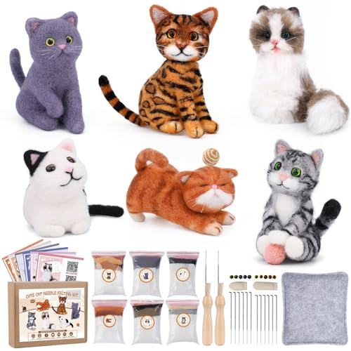 Doxiru 6-teiliges Katzen tiere filzen Nadelfilz-Starterset mit Anleitung | Filzset mit Nadelfilzwerkzeugen, Anleitung, Nadelfilzunterlage und Fingerlingen, zum Herstellen von Katzen Tiere filzen