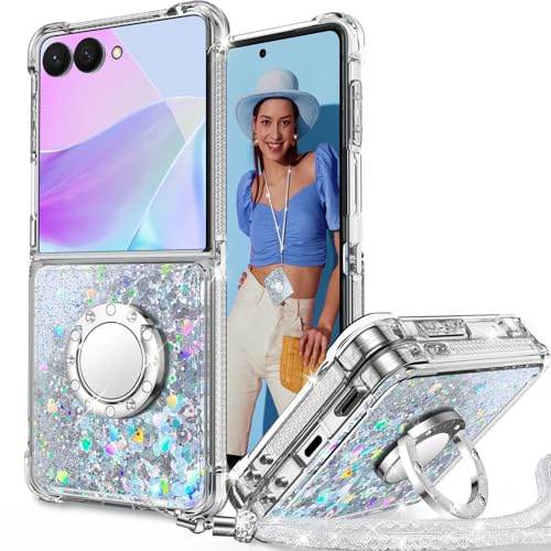 Unlicaku for Samsung Galaxy Z Flip 7 Case, Liquid Glitter Bing Floating Sparkle Phone Case with Ring Holder & Lanyard, Shockproof Protective Cover for Women Girls, Clear Silver