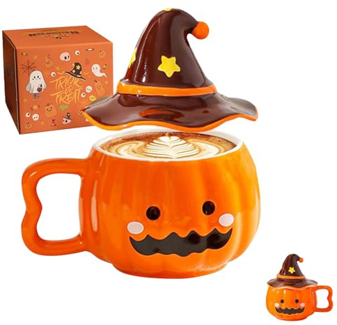 Halloween Kürbis Tasse Halloween Tasse Keramik, 380 ml Helloween Deko Kürbisse Kaffeetasse mit Hexenhut Deckel, Lustige Herbstdeko Tisch Pumpkin Mug für Halloweendeko, Thanksgiving (B)