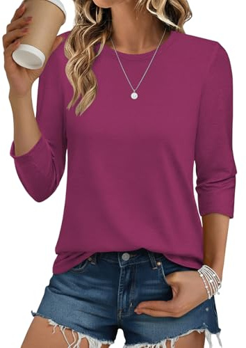 Cuptacc Tshirt Damen Rundhals 3/4 Ärm Einfarbig Basic Casual Langarmshirt | Rundhals,Dreiviertelärmel,Einfarbig,Basic,Weiches,Dünner,Casual,Elegante,Dünner,Vielseitig,Hautfreundlich