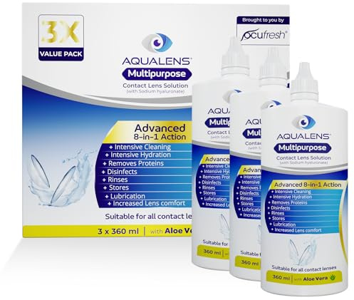 Aqualens Contact Lens Solution 3x360ml - 4 Weeks Supply - Multi Purpose All in 1 Contact Lens Cleaner - Hydrating & Protein-Removing, Clean & Moisturise Soft Contact Lenses - Value Pack