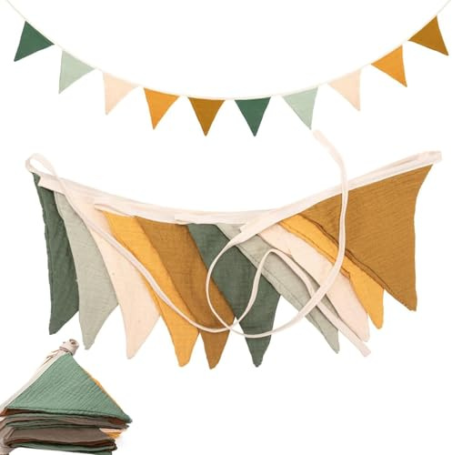1PCS Wimpelkette Kinderzimmer, Musselin Baumwolle Stoff Wimpelkette, Hausbett Deko Mädchen & Jungen,Wanddeko Geschenk,Babyzimmer Dekoration (Morandi Grün)