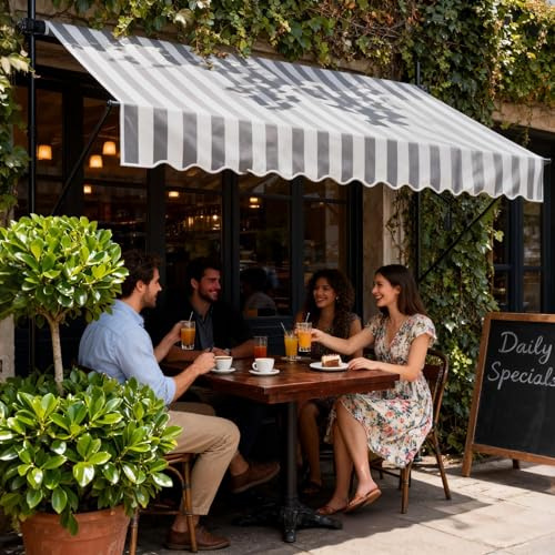 UISEBRT Tenda da sole per balcone, larghezza 250 cm, con manovella, regolabile in altezza, senza fori, protezione UV, protezione solare, resistente alle intemperie (250 x 120 cm, grigio-bianco)