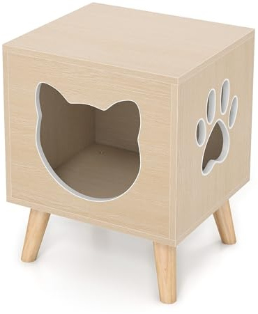 FANTASK 3 in 1 Katzenhaus Indoor, 45 x 40 x 54 cm, Katzenschrank mit Holzbeinen, abnehmbarem Deckel & Fenster, Katzenkommode für Katzen bis 30 kg (Natur)