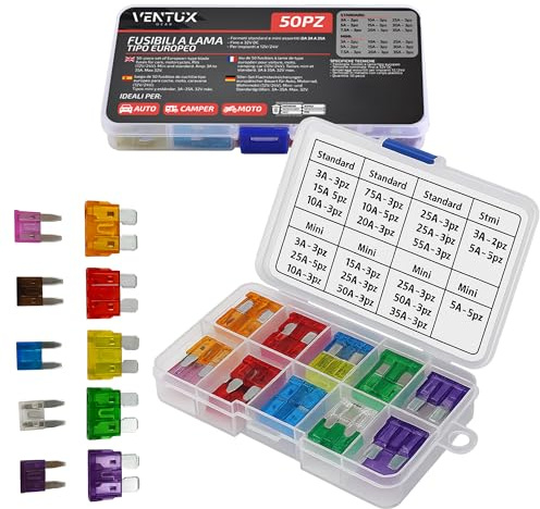 50 pz Fusibili a Lama Tipo Europeo – Assortimento Mini e Standard 3A-35A – Compatibili Auto, Camper, Moto 12/24 V – Scatola Organizzata