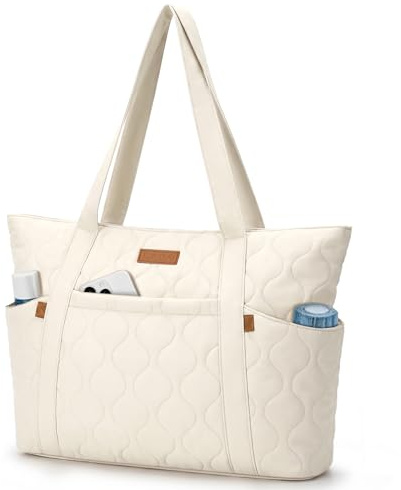 Lekespring Bolso Tote Mujer Grande, Bolso Shopper Acolchado Ligero con Compartimento para Portátil de 15,6, Bolsa de Hombro con 8 Bolsillos para Trabajo, Universidad y Viaje, Beige