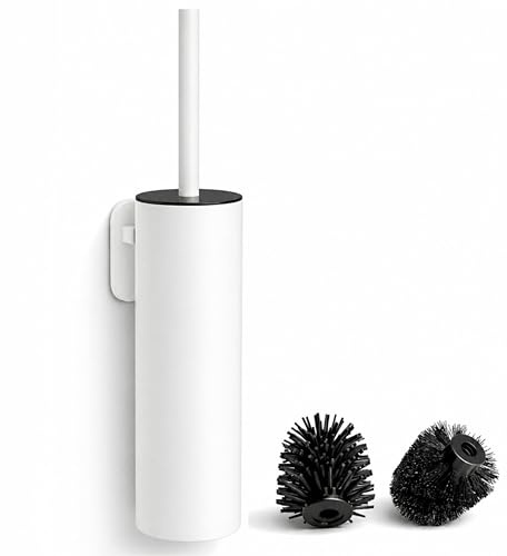 White Wall Mounted Toilet Brush & Holder – Silicone Toilet Brush, Matte White 304 Stainless Steel, Self-Adhesive or Screw Fixing, 2 Replacement Heads