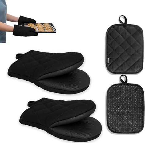 Oven Gloves, 4Pcs Oven Mitts and Pot Holders Set, Short Oven Mitts Silicone Kitchen Heat Resistant Oven Gloves for Baking Cooking and Grilling(Black)