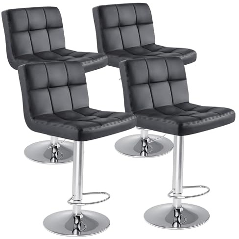 Sweetcrispy Bar Stools Set of 4, Armless PU Leather Adjustable Swivel Barstools, Hydraulic Kitchen Counter Height Thickened Seat Cushion Square Island Countertop Chairs with Back, Black