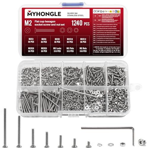 1240-teiliges M2-Schrauben-Set, Senkkopfschrauben und Muttern, Edelstahl, Senkkopfschrauben, Muttern und Bolzen, Sortiment mit Unterlegscheiben, Flachkopfschrauben (M2, flach)