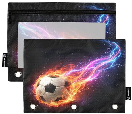 Soccer Ball Fire Pencil Pouch for 3 Ring Binder 2 Pcs Pockets Pencil Pouches Bag with Clear Pencil Case Cosmetic Bag for Office Daily School Supplies