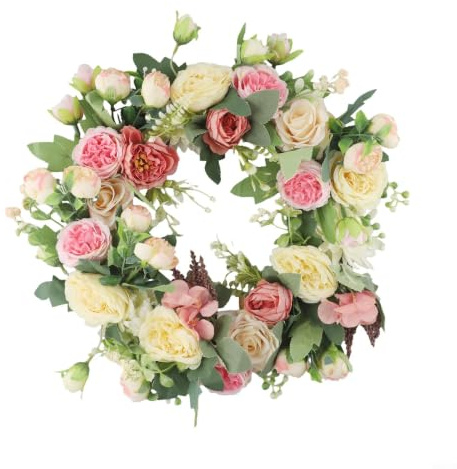Corona de puerta de primavera con orquídeas rosas y hortensias blancas para decoración rústica de granja, anillo de flores de seda artificial de 40 cm con eucalipto y hojas de oreja de oveja para