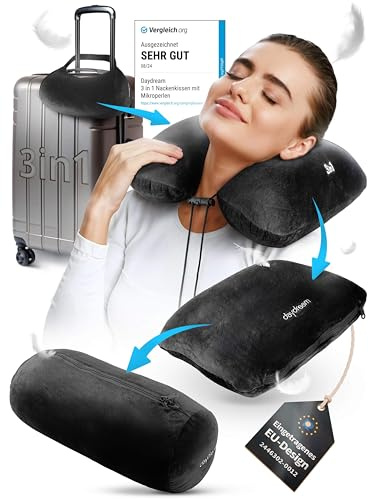 daydream 3 in 1 Nackenkissen mit Mikroperlen - Nackenhörnchen, Reisekissen und Nackenrolle in einem (N-5501), Schwarz