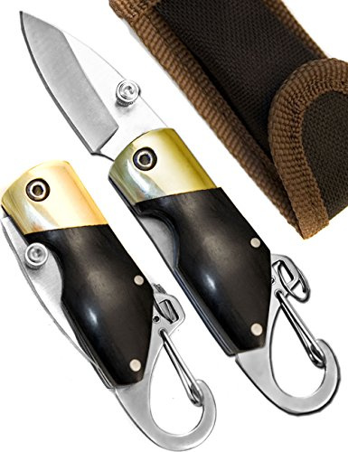 Navaja plegable con llavero de mosquetón, 11 cm, mango de madera, incluye funda con presilla para el cinturón - Outdoor Saxx®