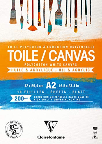Clairefontaine - Ref 975209C - Ready to Paint Canvas Pad (10 Sheets) - A2 Sized, 200gsm Paper, Acid Free, pH Neutral - White - Suitable for Oil & Acrylic Paint