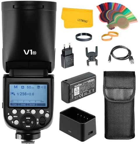 Godox V1 V1N V1-N Flash pour Appareil Photo Nikon, 2.4G TTL Godox V1 Nikon Ronde Flash HSS 1/8000s, Lampe Pilote LED à 10 Niveaux, pour Portrait Mariage Voyage Product Photographie