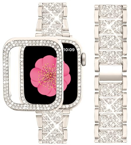 SUPOIX Compatible with Apple Watch Band + Case, Women Jewelry with Metal Band and 2 Pack Protective Case for iWatch Ultra Series 8 7 6 5 4 3 2 SE