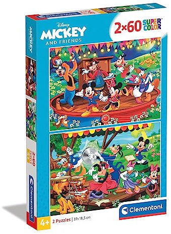 Clementoni 21620 Supercolor Mickey & Friends – Puzzle 2 x 60 Teile ab 5 Jahren, buntes Kinderpuzzle mit besonderer Leuchtkraft & Farbintensität, Geschicklichkeitsspiel für Kinder
