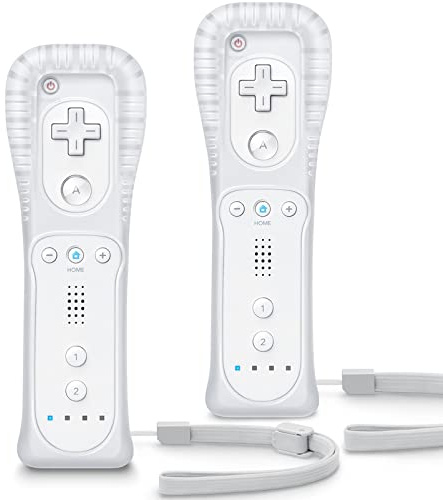 TIANHOO Lot de 2 manettes Wii avec étui en silicone et dragonne, télécommande Wii avec fonctions améliorées de pointeur, haut-parleur et vibration de choc, télécommande pour Wii/Wii U – Blanc