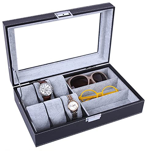 Brillenbox Brillenaufbewahrung Brillenpräsentation Mens 6 Slots Watch Box Organizer + 3 Grids Brillen Sonnenbrillen Inhaber Schmuck-Anzeigen Showcase-Speicher-Fall Präsentation Haushalt Dekoration Auf