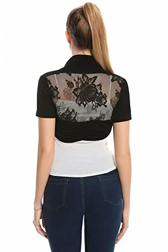 AmélieBoutik Women Lace Back Bolero Cropped Cardigan Shrug(Black Large)