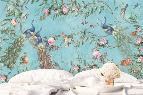 Papier Peint Panoramique Pivoine Paon Vintage Papier Peint Intissé 3D Tapisserie Poster Decoration Murale Chambre Salon