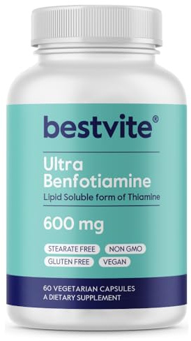 BESTVITE Ultra Benfotiamine 600mg per Capsule (60 Vegetarian Capsules) No Stearates - No Silicon Dioxide - Vegan - Non GMO - Gluten Free - Maximum Strength Benfotiamine