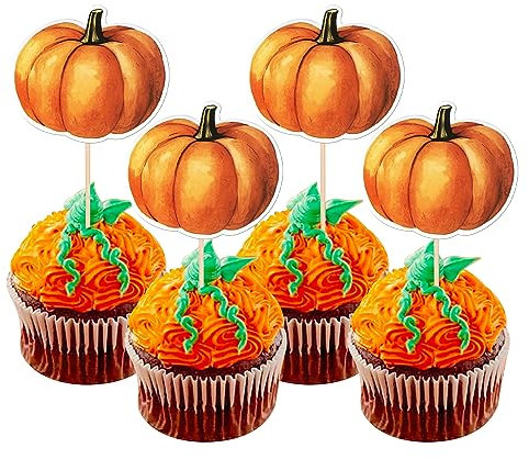 SYKYCTCY 30 Pack Pumpkin Cupcake Toppers Fall Harvest Cupcake Picks for Baby Shower Fall Harvest Theme Party Kids Birthday Party Cake Decorations Orange