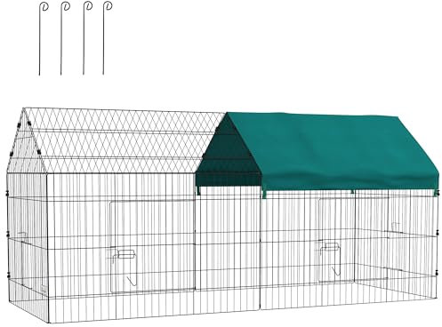 PawHut Freilaufgehege 220 x 85 x 103 cm Kleintiergehege mit Abdeckung, 4 Türen, Meerschweinchen Gehege für Kaninchen, Indoor, Outdoor, Stahl, Grün