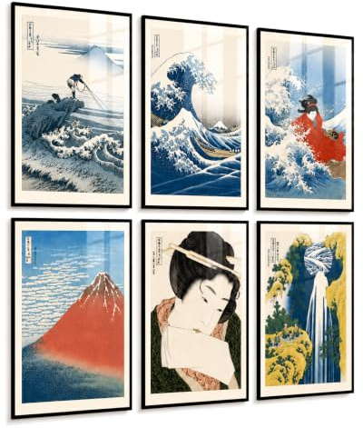 PosterPost 6x Hokusai & Ukiyo-e Japan Poster Set DIN A4 | Japanische Kunst, Great Wave & Fuji Kunstdrucke | Vintage Japandi Wandbilder für Wohnzimmer | Designed and Printed in Germany