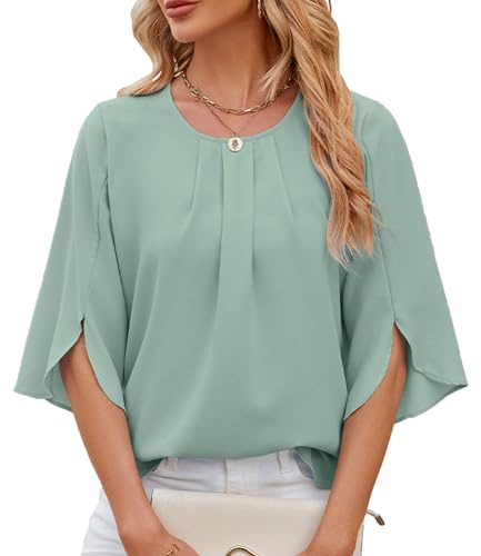 HANERDUN Blusas de Mujer Elegantes Camisa Mujer de Manga 3/4 Top Plisado con Cuello Redondo Camiseta Casual Túnica Manga Partida