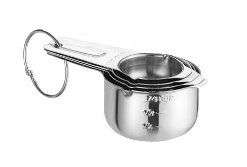 HENDI Tasses à mesurer, lot de 4 pièces: 30-180ml, empilable, indications de contenance gravés à 2 endroits, cuillères doseuses, dosettes, lavable au lave-vaisselle, 135x80x(H)45mm, acier inoxydable