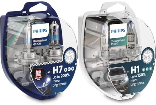 Philips Halogen RacingVision GT200 H7 Scheinwerferlampe +200%, Doppelset 12972RGTS2 Twin box, Silber & H1 Scheinwerferlampe +150%, Doppelset, 565628, Twin box