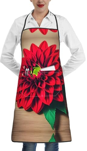 Lrtyuasq Weiße Gänseblümchen-Premium-Schürze mit Taschen, Verschlussrand, für Erwachsene, Arbeitsschürze für Erwachsene, Unisex, ideal für Küche, Restaurant, Holzbrett Retro Blume rote Dahlie, One