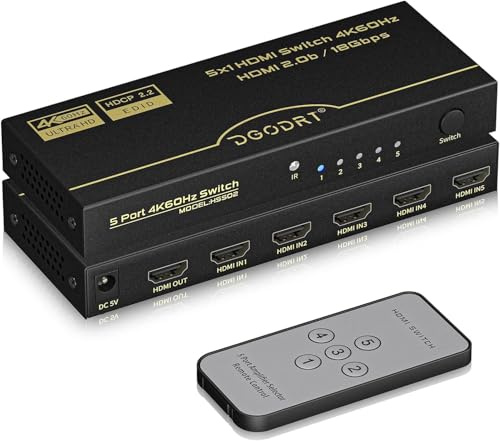HDMI Switch 5 in 1 Out 4K@60Hz, DGODRT 5 Port HDMI Switcher Selector Box with Remote and Auto Switch, Support 3D HDR10 HDCP2.2, 5x1 Game Switcher Hub Compatible with PS5 Xbox Switch Roku Fire Stick