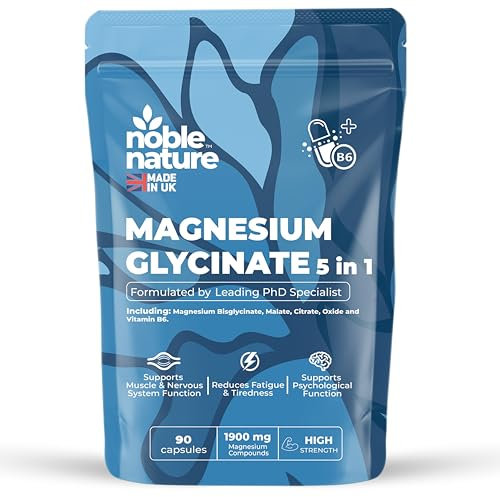 Magnesium Glycinate 5-in-1 Complex Formulated by PhD Expert High Strength 1900mg Supplements as Bisglycinate, Malate, Citrate, Oxide & Vitamin B6-90 GMO Free Capsules, 384mg Elemental, UK Made (90)