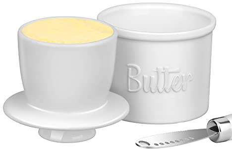 JSHKY French Butter Crock with Spreader, Porcelain Butter Keeper, White | Butter Dish for Countertop, Gift for Mother’s Day, Thanksgiving, Christmas