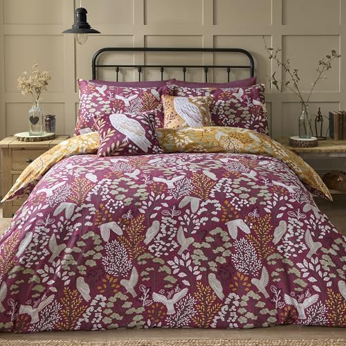 Dreams & Drapes - Housse de Couette Hibou des Bois Rouge Mauve - 200 x 200 cm - 2 taies d'oreiller - Réversible 2 Couleurs - 100% Coton brossé Doux - Literie des Bois avec hiboux - Literie d'automne