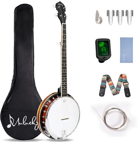 Mulucky 5 String Banjo - Large Size with 24 Brackets, Closed Solid Wood Back, Mahogany Resonator Banjos, Geared 5th Tuner, Package with Beginner Kit - B1107-P