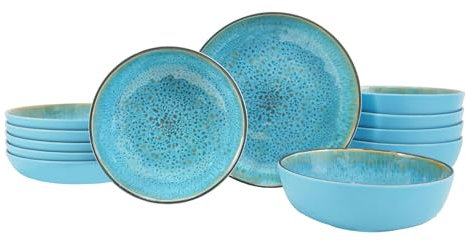 TP Vajilla de 12 piezas, juego de platos de melamina con cuencos y platos, servicio de cena para 6, irrompible y ligero, color azul