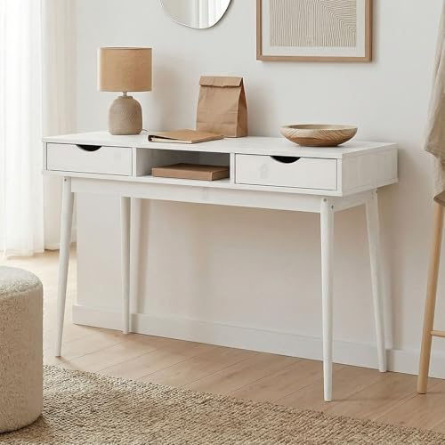 IDIMEX Schreibtisch Stefano mit 2 Schubladen und Fach weiß - Bürotisch aus Massivholz. Langlebiges Material, schadstoffarme Lacke