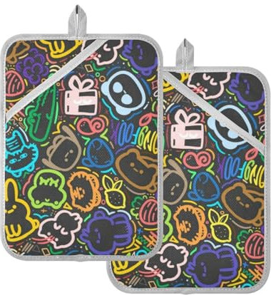 Presine da cucina resistenti al calore, colorate, alla moda, con graffiti, presine con tasche, guanti da forno, confezione da 2
